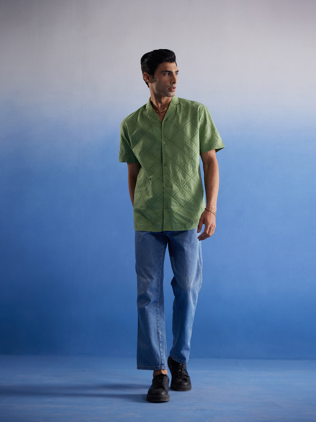 Men's Green Cotton Ethnic Shirt