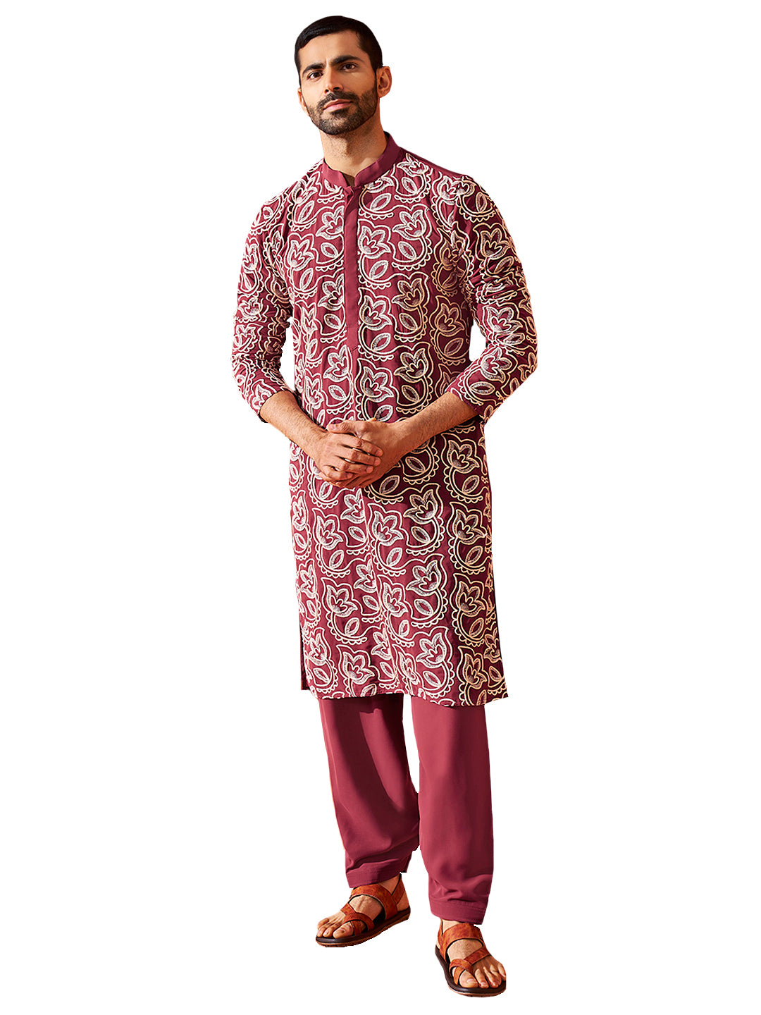 Men's Maroon Georgette Kurta And Patiala Set