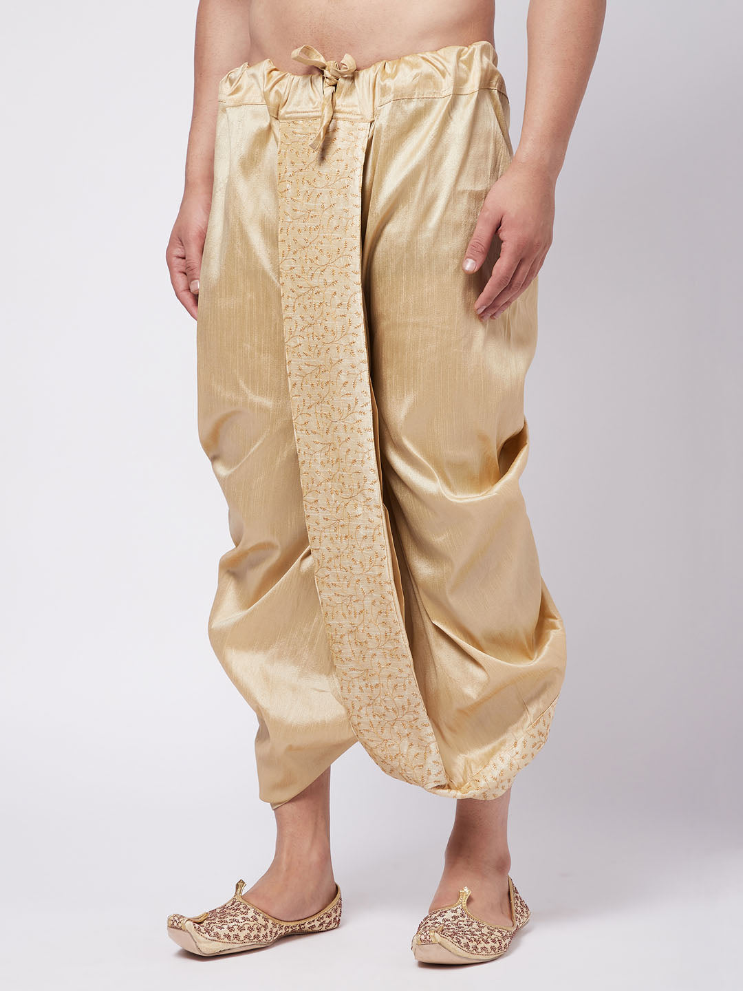 Men's Gold Silk Blend Embroidered Dhoti