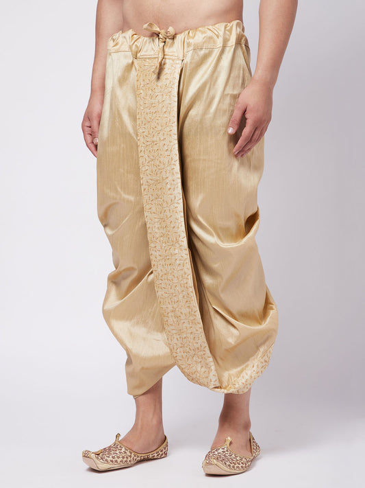 Men's Gold Silk Blend Embroidered Dhoti