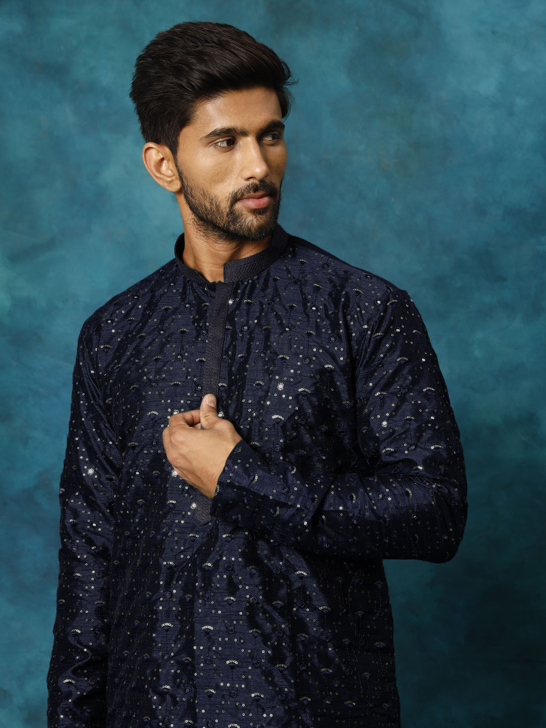 Men's Navy Blue Silk Blend Kurta