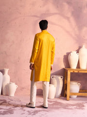 Men's Yellow And Cream Moonga Silk Kurta Pyjama Set