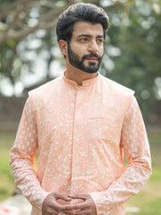 Men's Peach And Cream Cotton Jacket, Kurta and Pyjama Set