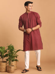 Men's Maroon And White Cotton Kurta Pyjama Set