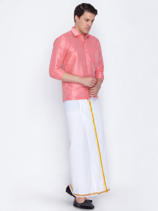 Men's Pink and White Silk Blend Shirt And Mundu