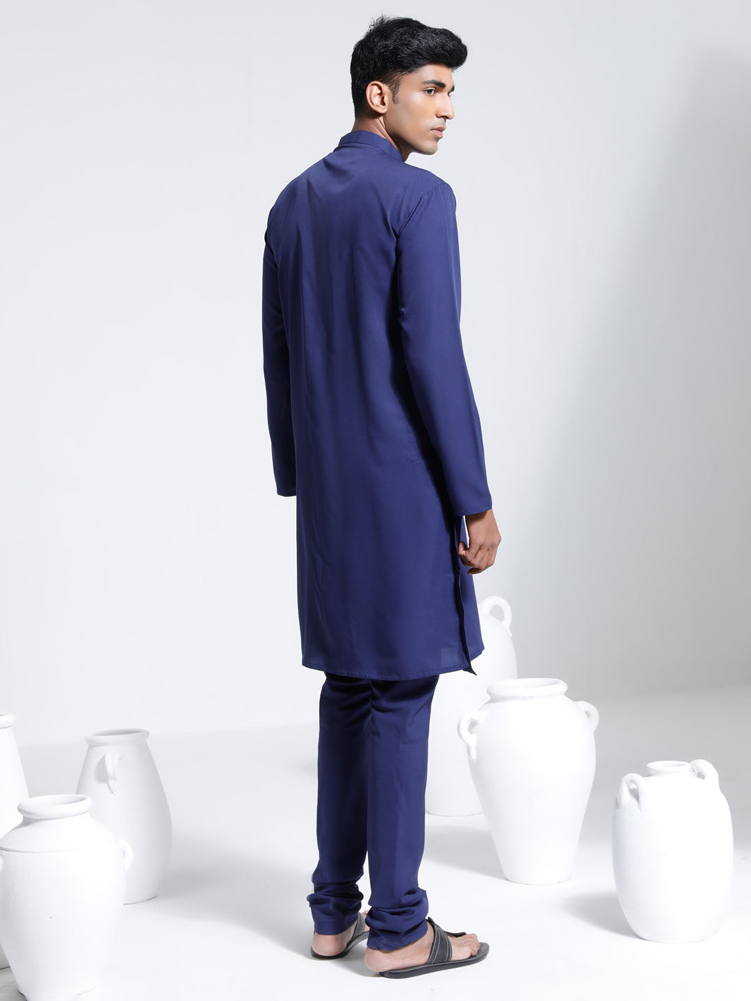 Men's Navy Blue Crepe Kurta And Pyjama