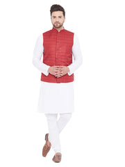 Men's Maroon And White Cotton Blend Jacket, Kurta and Pyjama Set