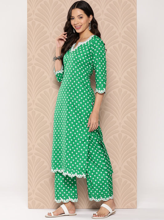 Kalini Women Green Bandhani Printed  Neck Embroidered Straight Kurta Paired With Tonal Bottom And Dupatta With Four Sided Scallop Edge