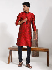 Men's Maroon And Black Silk Blend Kurta Pyjama Set