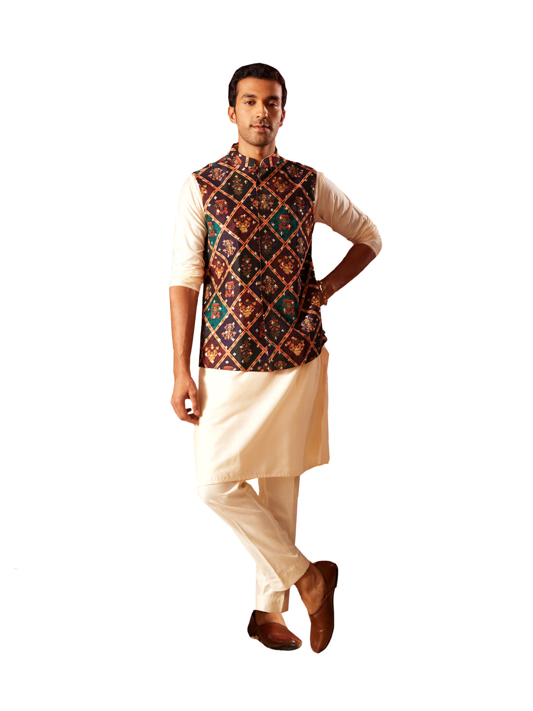 Men's Purple And Cream Viscose Jacket, Kurta and Pyjama Set