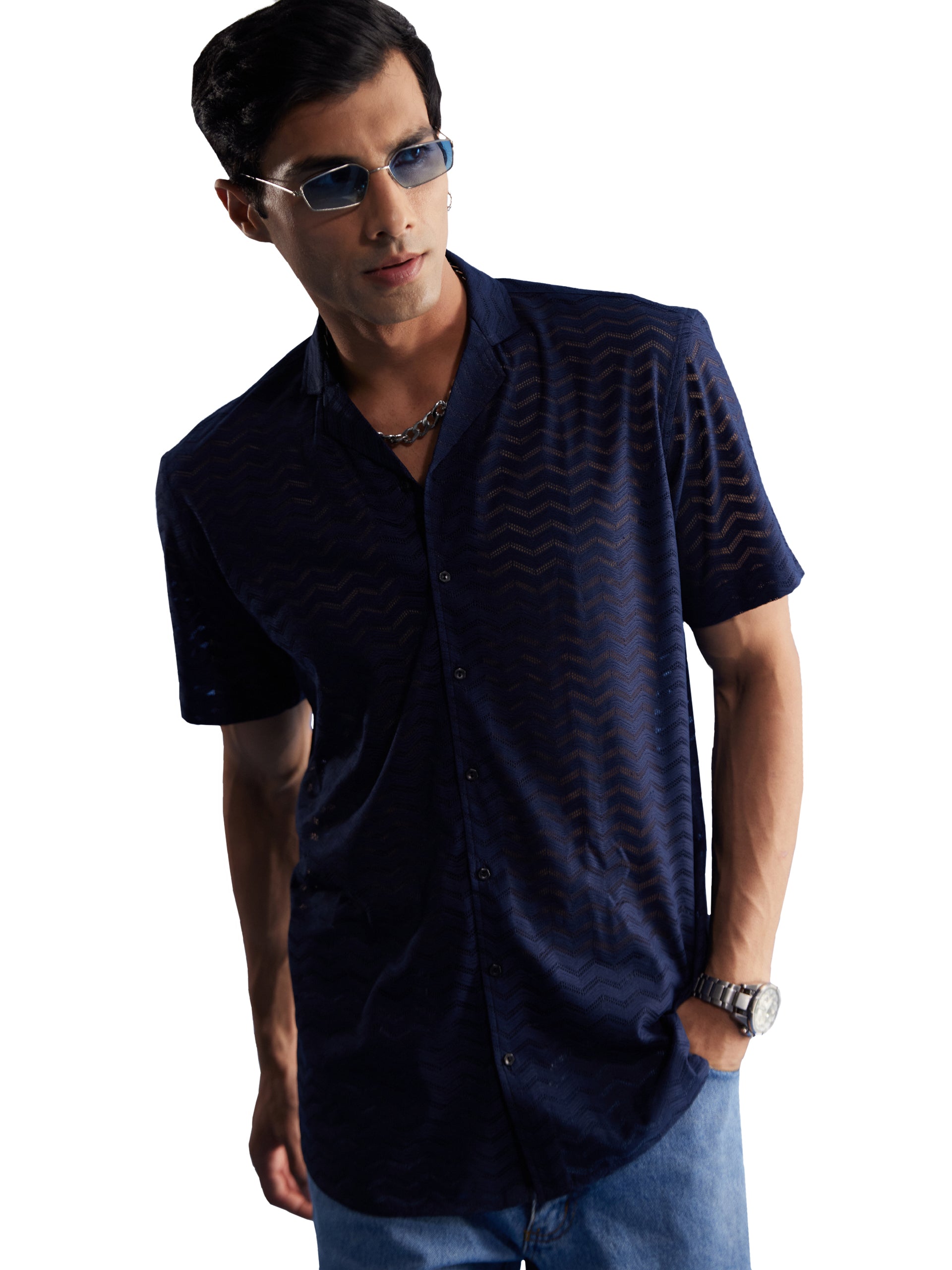 Men's Navy Blue Net Ethnic Shirt