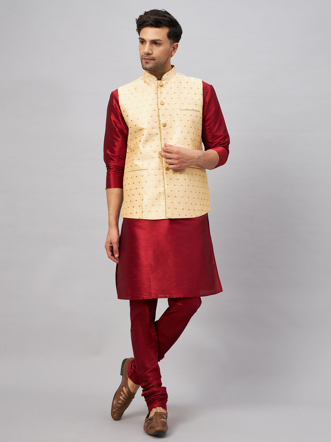 Men's Maroon And Gold Silk Blend Jacket, Kurta and Pyjama Set