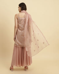 Peach  Strap Style Kurta With Tonal Sharara  And Emroidered Dupatta