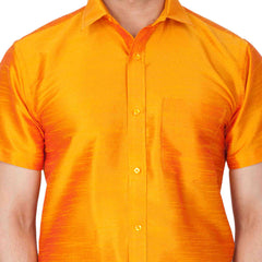 Men's Orange Silk Blend Ethnic Shirt