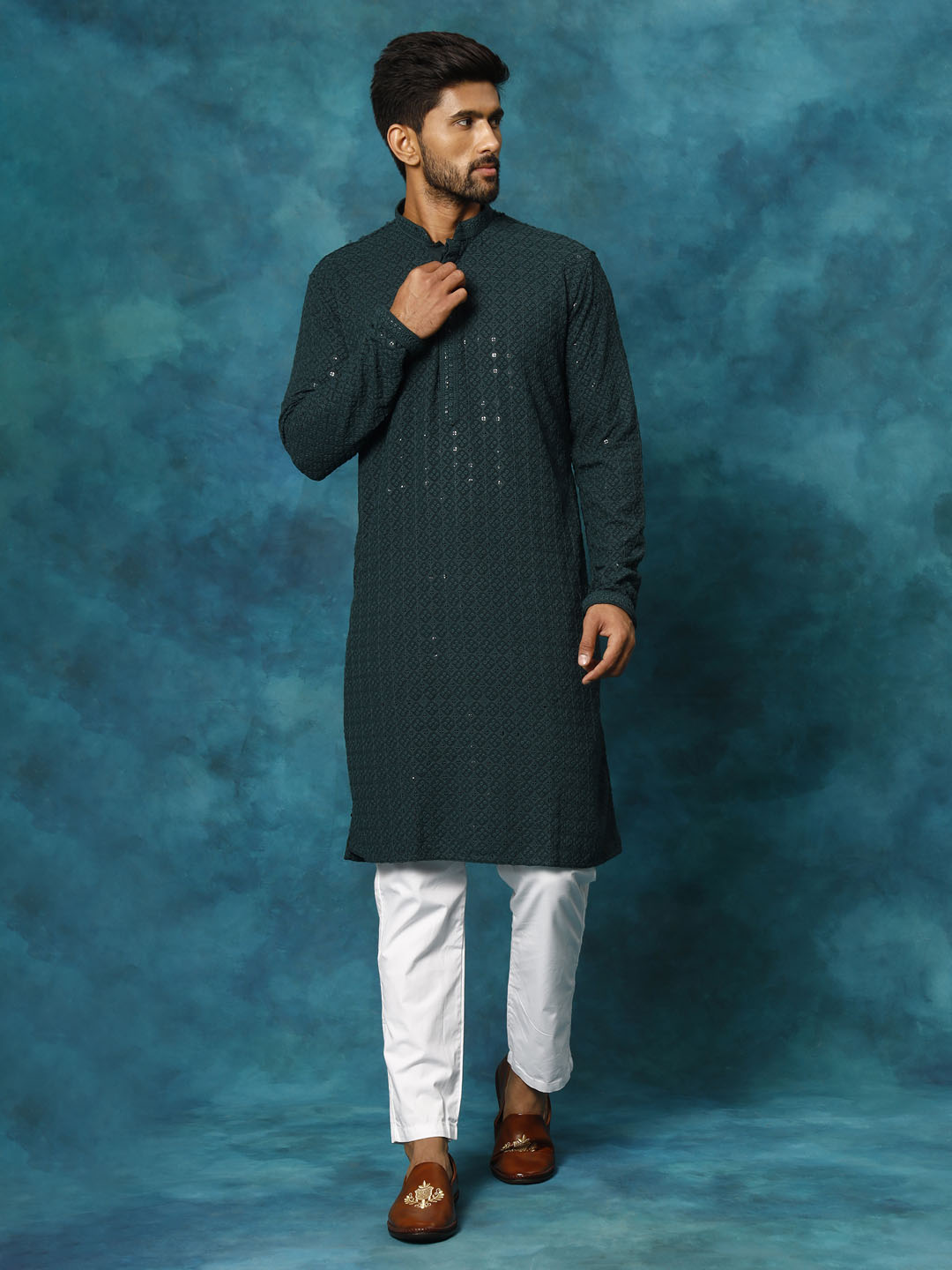 Men's Green And White Rayon Cotton Kurta Pyjama Set