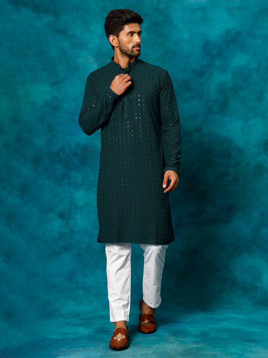 Men's Green And White Rayon Cotton Kurta Pyjama Set