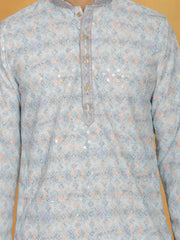 Men's Aqua And White Cotton Blend Kurta And Pyjama Set