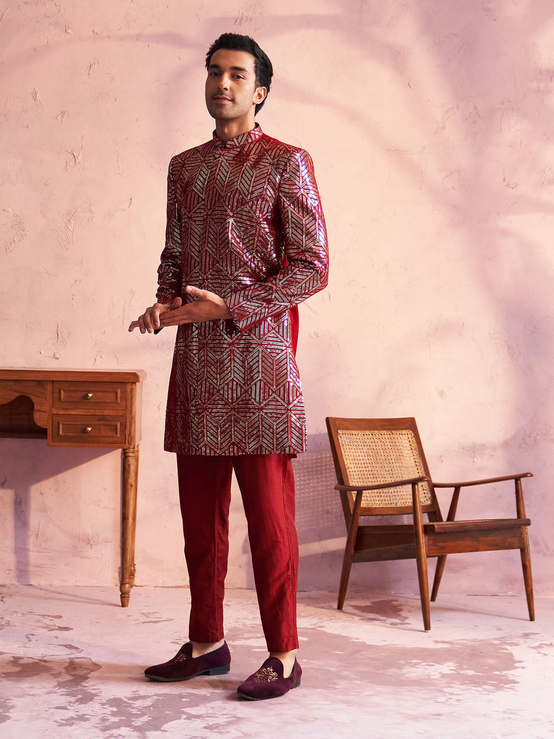 Men's Maroon Georgette Sherwani Set