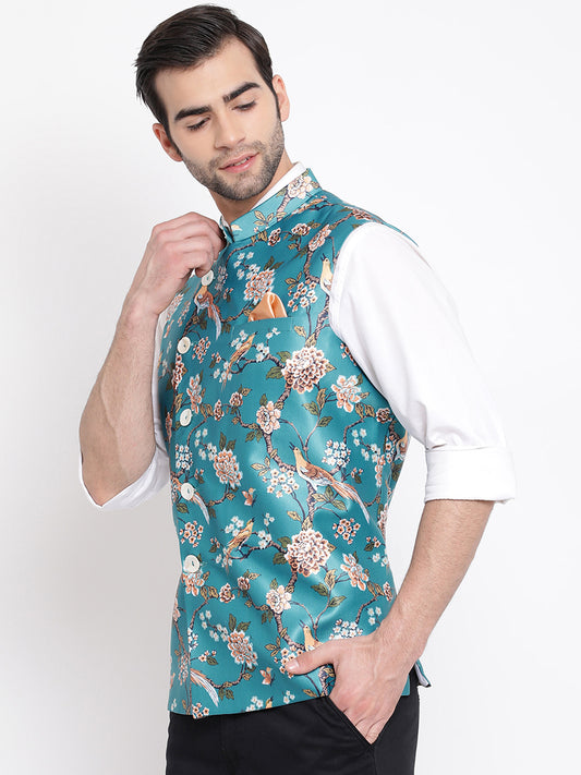 Men's Turquoise Silk Blend Nehru Jacket