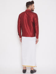 Men's Maroon and White Silk Blend Shirt And Mundu