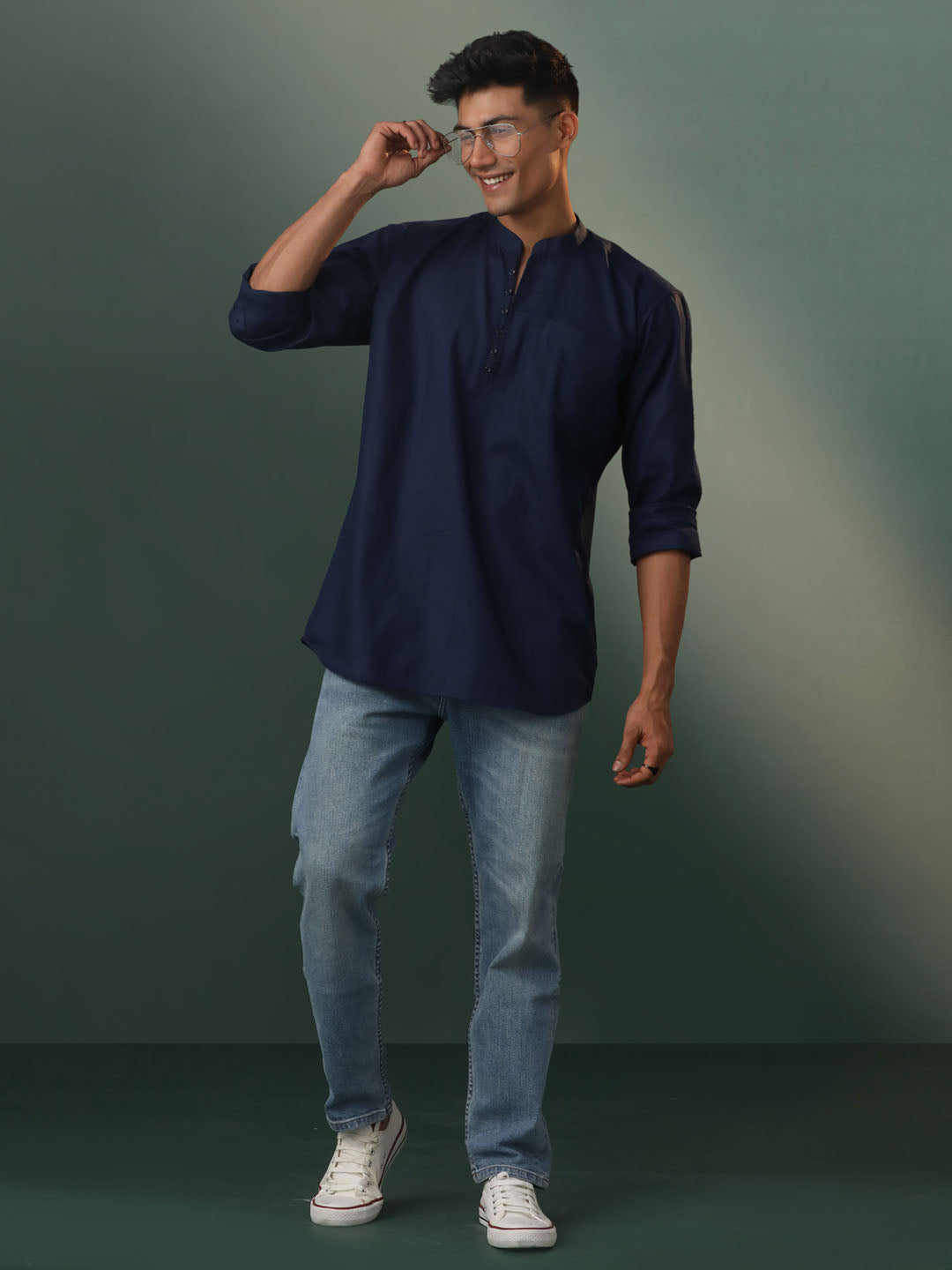 Men's Navy Blue Cotton Short Kurta