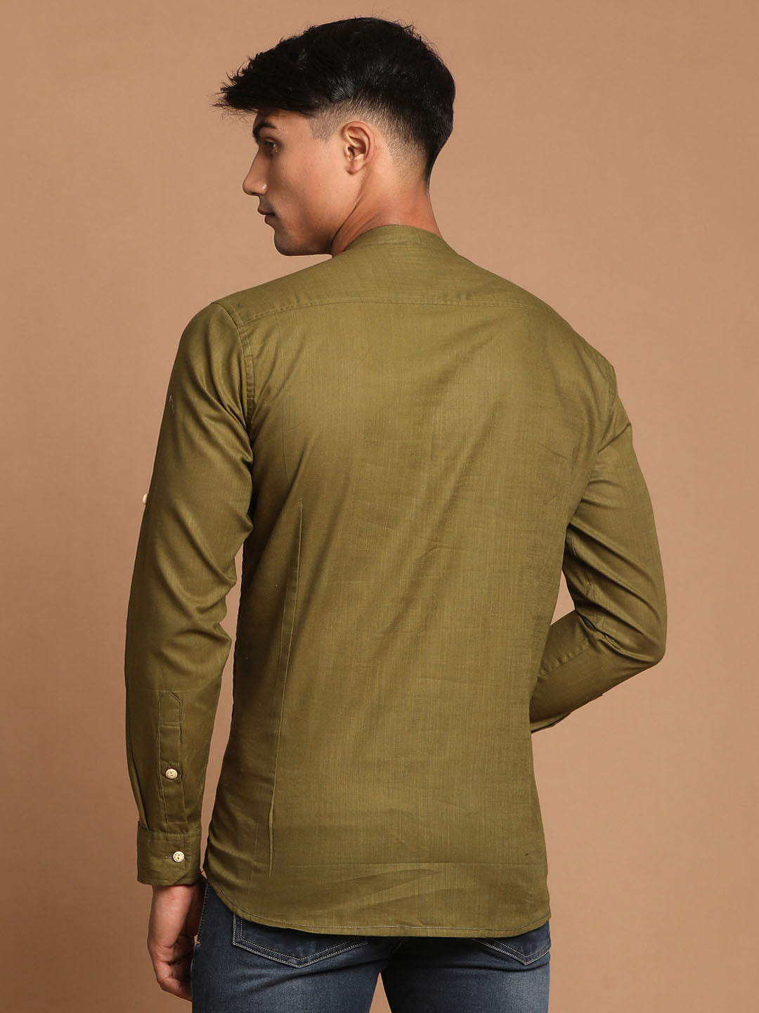 Men's Dark Green Cotton Blend Short Kurta