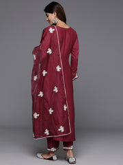 Women Thread Embroidered Round Neck With Full Sleeve Anarkali Kurta Paied With Tonal Bottom And Dupatta