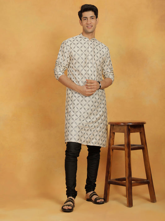 Men's Cream And Black Cotton Blend Kurta And Pyjama Set