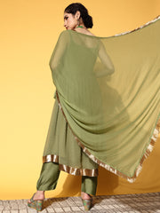 Green Kurta With Strap And Embroidery Paired With Straight Pant And Chiffon Dupatta With Fringe