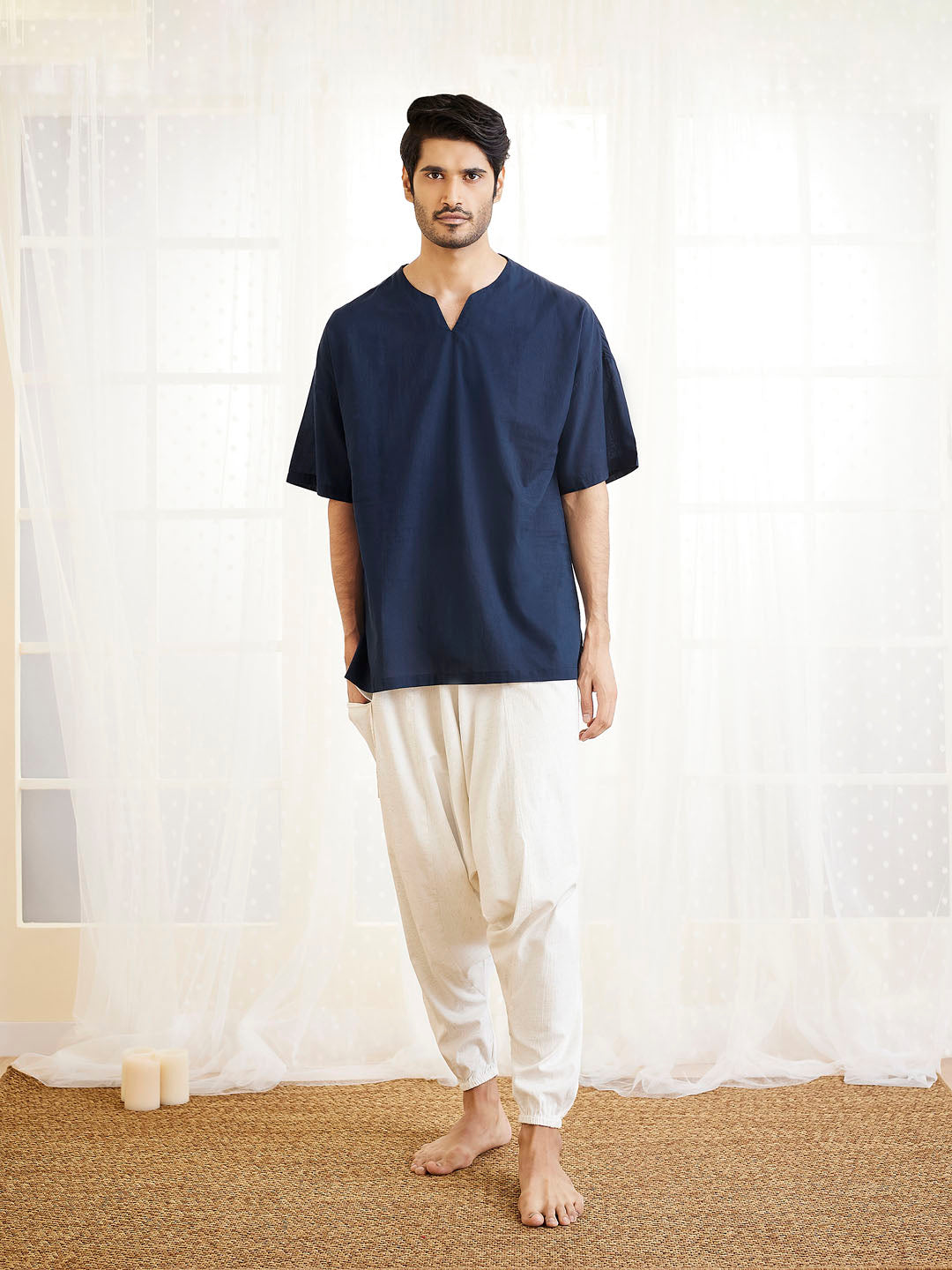 Men's Navy Blue And White Cotton Kurta Pyjama Set