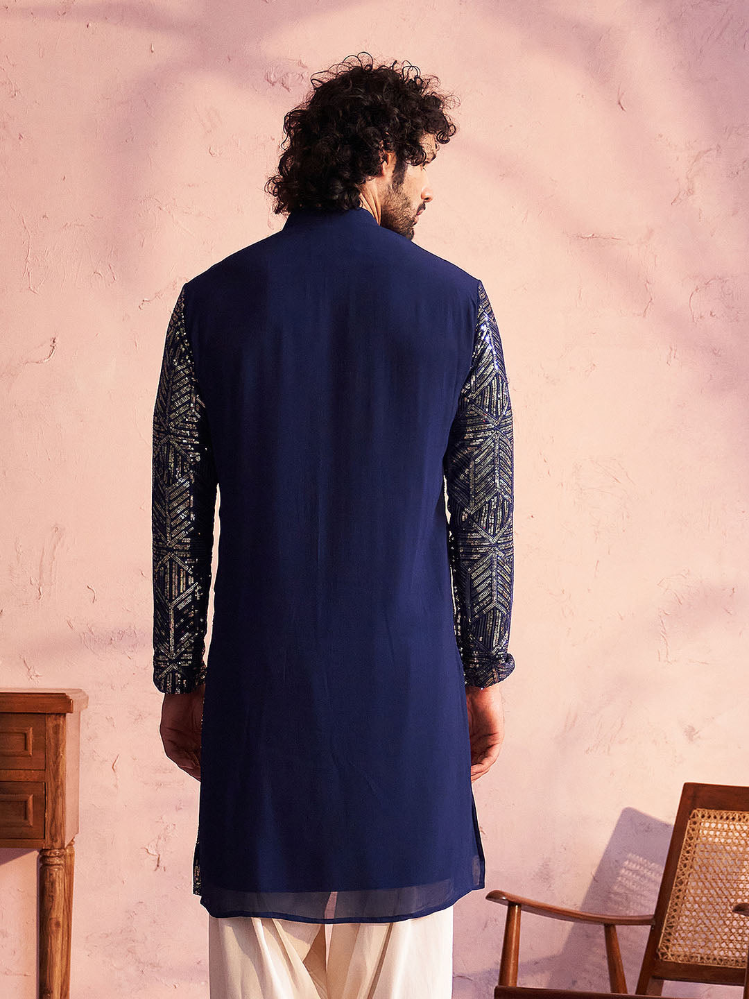 Men's Navy Blue Georgette Kurta