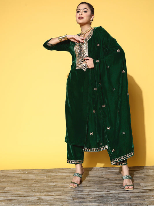 green embroidered kurta set with embroidered dupatta