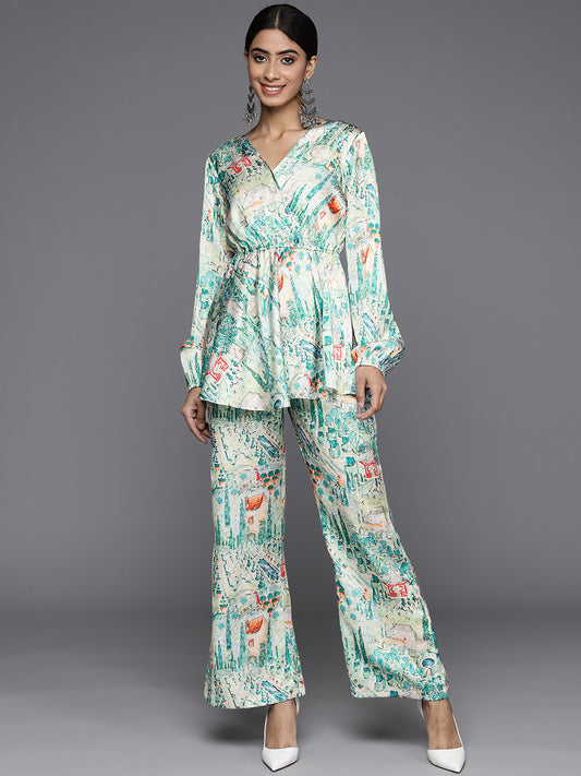 Women Teal Abstract Printed V-Neck Angrakha Style Top Paired With Tonal Printed Flared Bottom