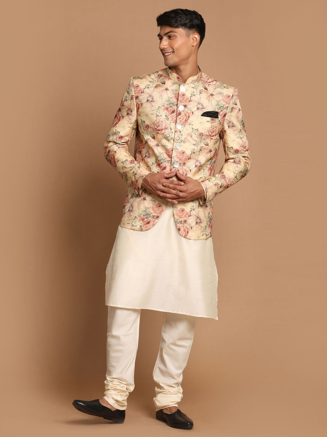 Men's Cream And Brown Viscose Jacket, Kurta and Pyjama Set