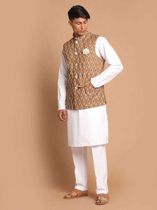 Men's Green And White Pure Cotton Jacket, Kurta and Pyjama Set