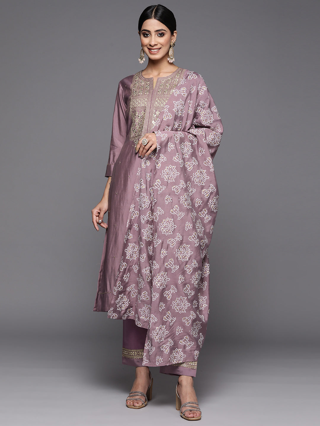 women Mauve Embroidered Kurta Set With Dupatta