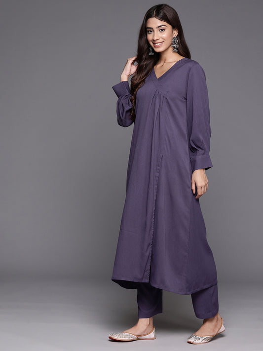 Women Violet Angrakha Style A-Line Kurta Paired Wth Tonal Bottom