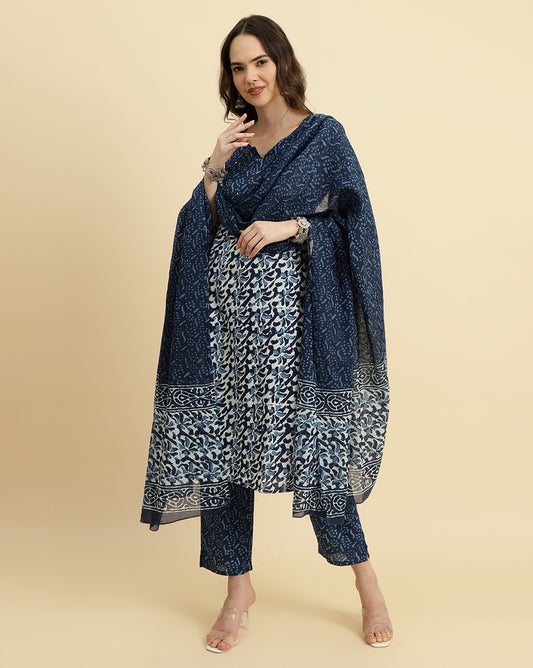 blue and white cotton printed yoke design kurta paired with printed dupatta and trouser