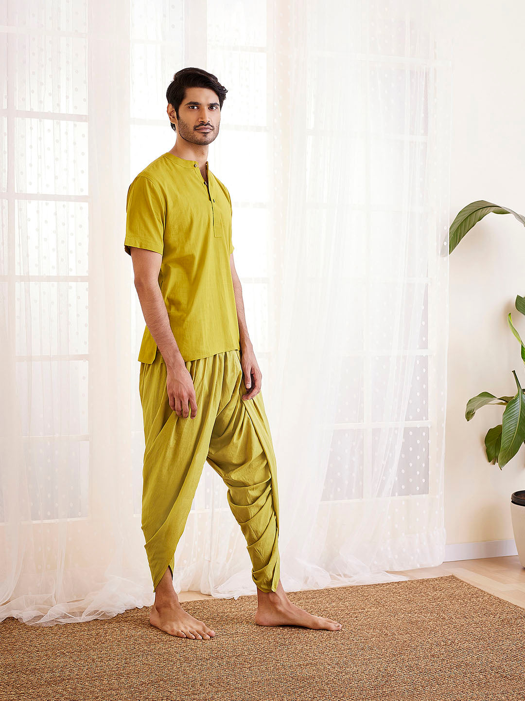 Men's Olive Green And Green Cotton Kurta And Dhoti Set