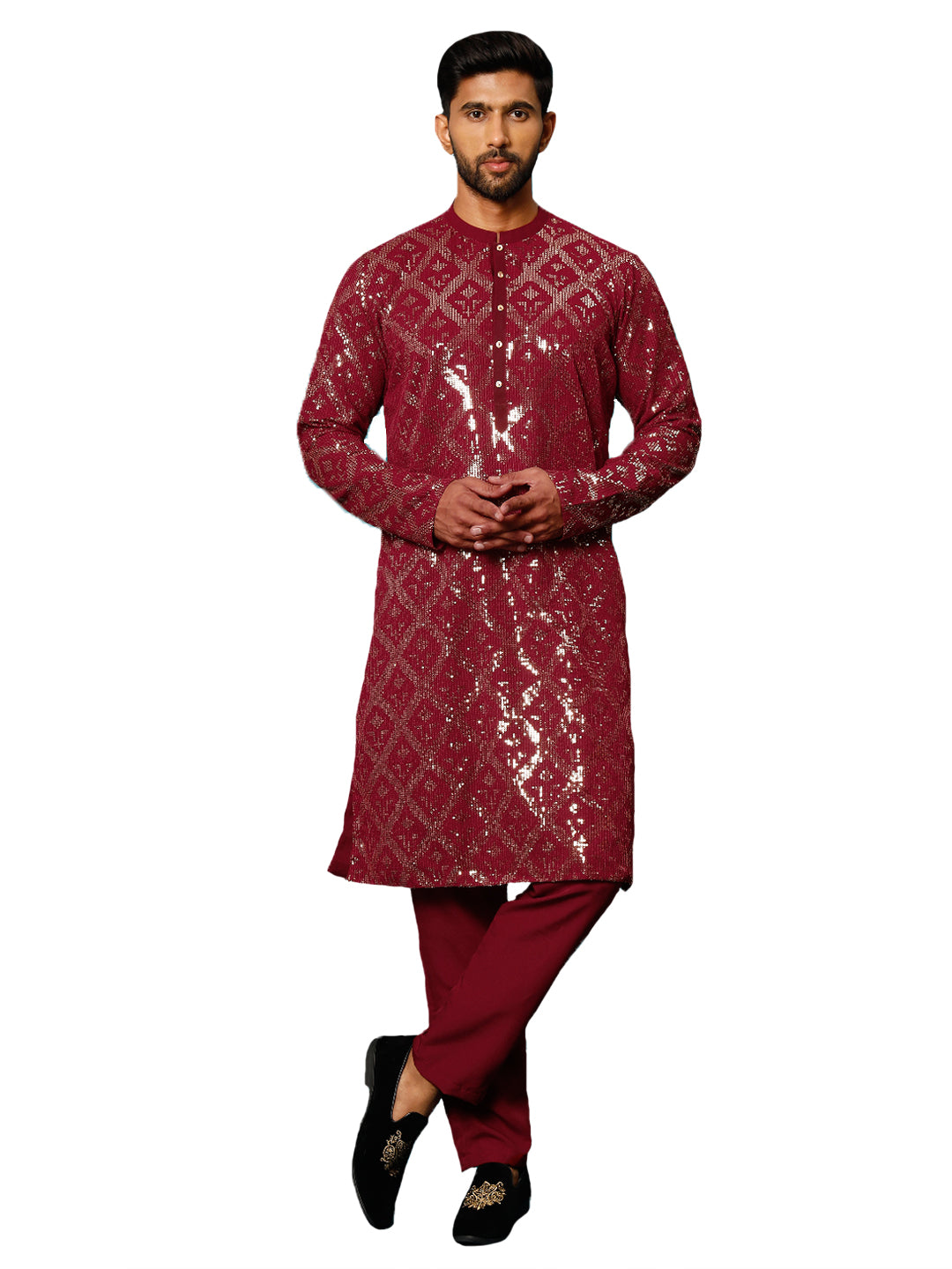 Men's Maroon Georgette Kurta Pyjama Set