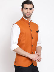 Men's Orange Cotton Silk Nehru Jacket