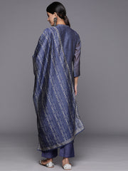 Women Navy Blue Bandhani Printed Straight Kurta With Three Quarter Sleeves Paired With Tonal Bottom And Printed Dupatta