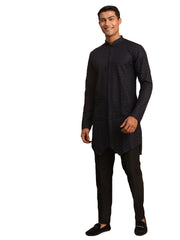 Men's Navy Blue And Black Silk Blend Kurta Pyjama Set