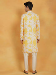 Men's Yellow And Cream Cotton Blend Kurta And Pyjama Set