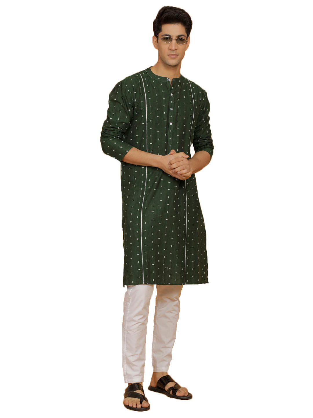 Men's Bottle Green And White Cotton Kurta Pyjama Set