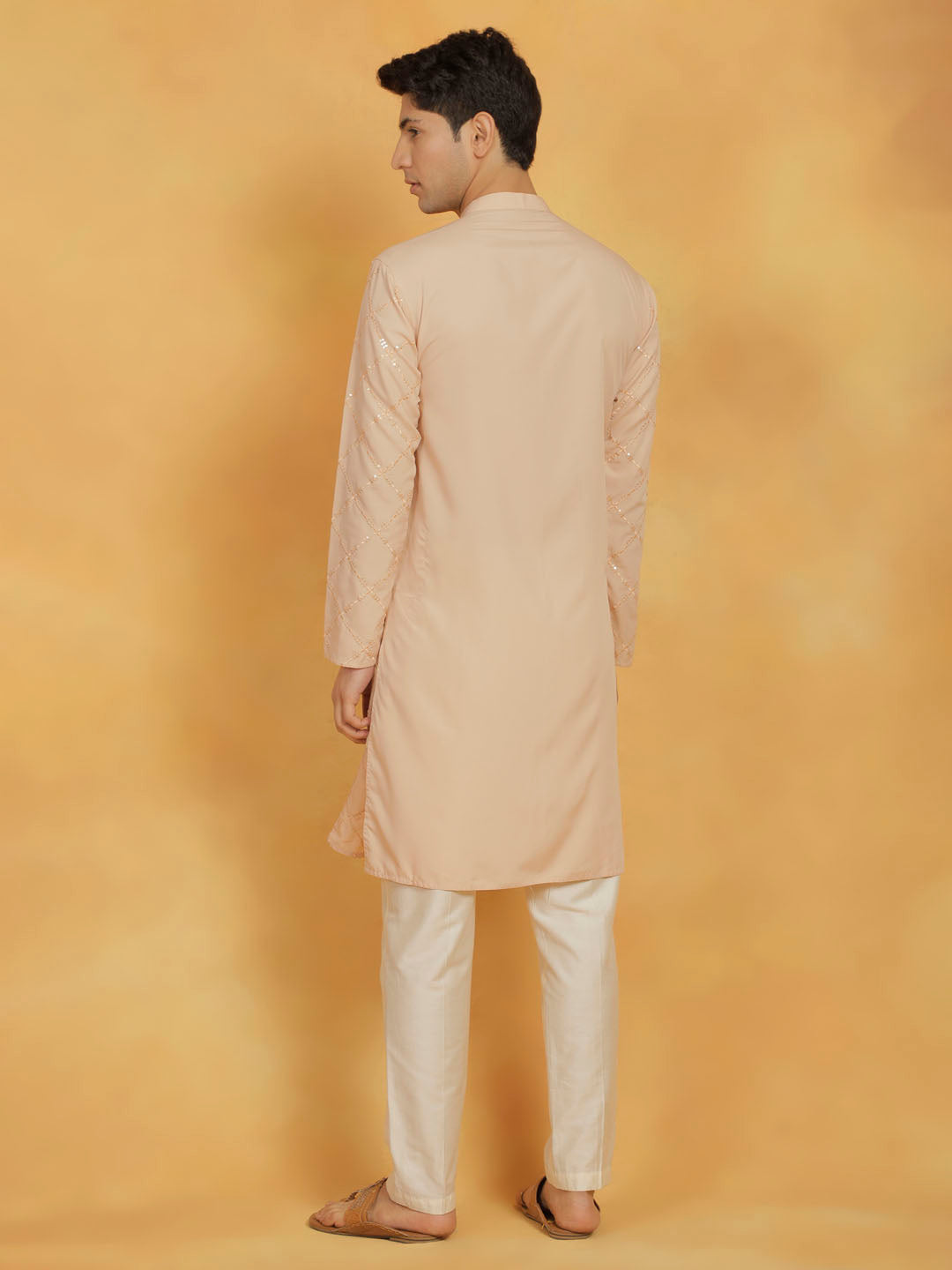 Men's Peach And Cream Viscose Kurta And Pyjama Set