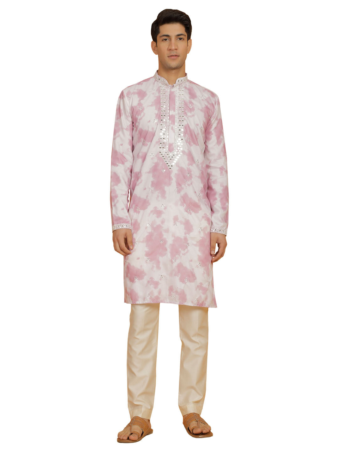 Men's Pink And Cream Cotton Blend Kurta And Pyjama Set