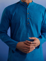 Men's Aqua And White Pure Cotton Kurta Pyjama Set