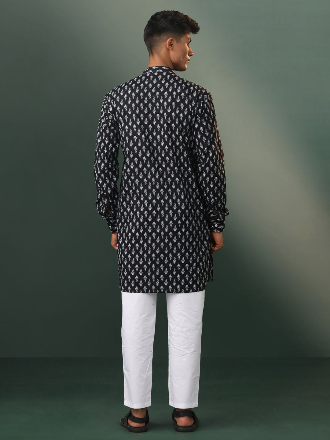 Men's Black And White Cotton Kurta Pyjama Set