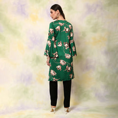 Floral Printed Flared V Neck Kurta Green